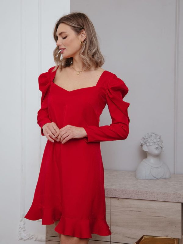 Красное платье МИНИ с воланом